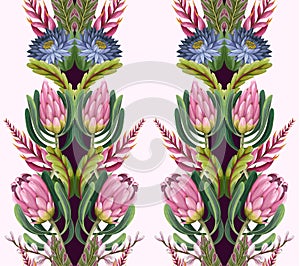 Border with proteas flowers. Trendy floral vector print.