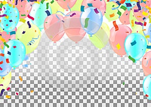 Border of realistic colorful helium balloons isolated on background. Party decoration frame for birthday, anniversary