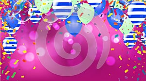Border of realistic colorful helium balloons isolated on background. Party decoration frame for birthday, anniversary