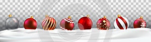 Border with red balls isolated on snow drifts background. Decorative xmas banner. Christmas snow decoration texture. 3d winter