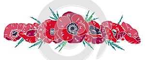 Border with red poppy flowers. Hand drawn vector sketch illustration