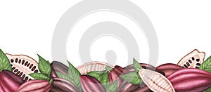 Border with Ripe Cocoa pod with beans and leaves. Watercolor banner. Illustration for packaging,template, menu, poster