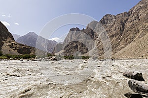 Border river Panj River in Wakhan valley with Tajikistan right and Afghanistan left