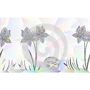 Border seamless background daffodil and easter eggs with grass polygons  greeting card