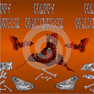 Border seamless background Happy Halloween inscription of bones scary skull and scary castle orange holiday background vector illu