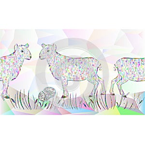 Border seamless background lamb and easter eggs  polygons vector Illustration for use in interior design, artwork, dishes,