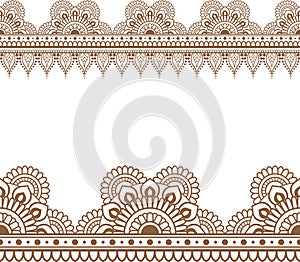 Border seamless brown pattern elements with flowers and lace lines in Indian mehndi style for card and tattoo