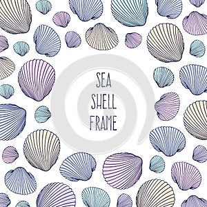 Border shell frame. Vector Illustration of hand drawn seashells in doodle style. Beach design