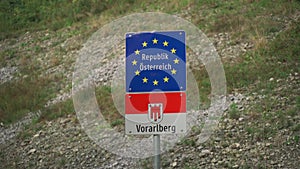 Border sign at Austrian-German state border entrance to Vorarlberg. Grenzzeichen der Republik Osterreich. National