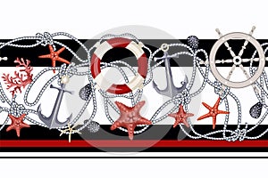 Border with starfishes, anchors, shells and lifebuoys. Vector.