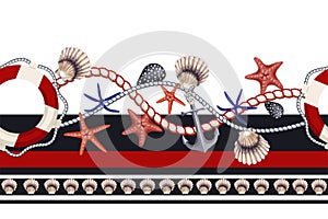 Border with starfishes, anchors, shells and lifebuoys. Vector.
