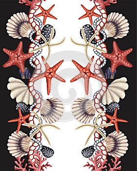 Border with starfishes, shells and rope. Vector trende print.