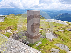 Border stone stone on Mount Larrun. Demarcation between the border of Spain and France in the Pyrenees