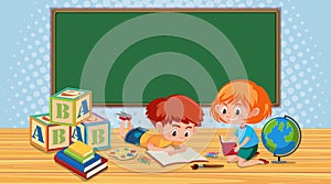 Border template with boy and girl reading book