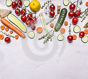 Border Various fresh fruits and vegetables herbs seasoning vegetarian food on wooden rustic background top view place for text photo