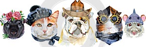 Border from watercolor portraits of dog, guinea pigs, cat and rat