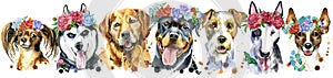 Border from watercolor portraits of dogs for decoration