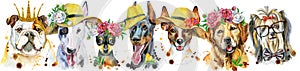 Border from watercolor portraits of dogs for decoration