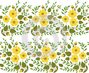 Border of yellow flowers and green leaves. Spring bouquet seamless pattern. Floral linear ornament