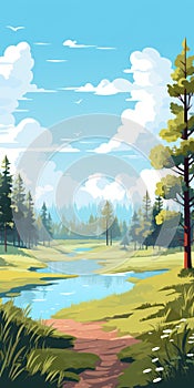 Boreal Forest Lake Landscape Illustration: Sky-blue And Brown Nature-inspired Vector Art