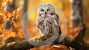 Boreal owl, Aegolius funereus, in the orange larch autumn forest. Autumn in nature with owl. ai