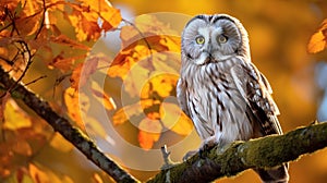 Boreal owl, Aegolius funereus, in the orange larch autumn forest. Autumn in nature with owl. ai