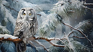 Boreal Owl embraces winter among frosted pines, a serene scene of snowy woodland, Ai Generated