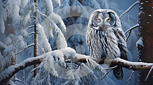 Boreal Owl embraces winter among frosted pines, a serene scene of snowy woodland, Ai Generated