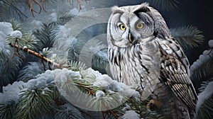 Boreal Owl embraces winter among frosted pines, a serene scene of snowy woodland, Ai Generated