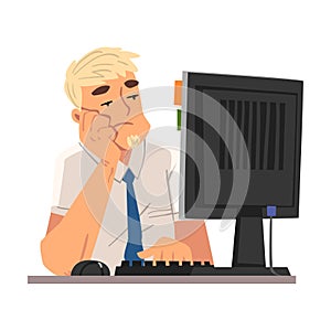 Bored Businessman Employee Man Working with Computer, Unmotivated or Unproductive Manager Character Vector Illustration