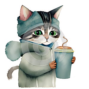 bored cartoon cat wearing a blue hoodie drinking coffee storybook style
