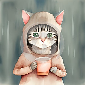 bored cartoon cat wearing a pink hoodie drinking coffee kids storybook