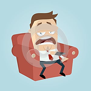 Bored cartoon man on couch is zapping