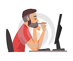 Bored Man Working with Computer, Lazy Guy Procrastinating at Workplace, Unmotivated or Unproductive Worker Character