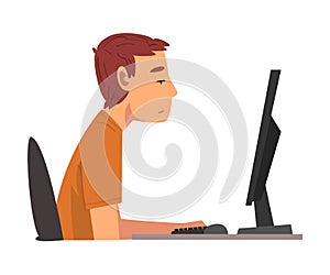 Bored Man Working with Computer, Lazy Male Clerk Procrastinating at Workplace, Unmotivated or Unproductive Worker