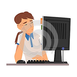 Bored Man Working with Computer, Lazy Male Employee Procrastinating at Workplace, Unmotivated or Unproductive Manager