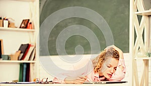 Bored pupil. Educational site for teachers. Online schooling concept. Girl surfing internet. teacher woman. teachers day