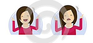 Bored sad girl vector icon and happy smiling woman flat graphic illustration, tired depressed mood female person, annoyed tedious photo