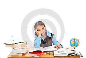 Bored schoolgirl with many books