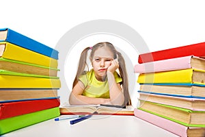 Bored schoolgirl with pile of books. homework