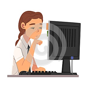 Bored Young Woman Working with Computer, Lazy Female Employee Procrastinating at Workplace, Unproductive Office Worker