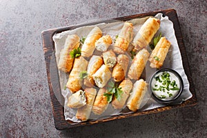 Borek sigara boregi fried pastry wrapped in cheese in phyllo closeup on the wooden board. Horizontal top view