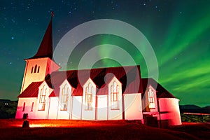 Borgarnes church with northern lights