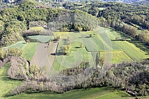 Borghetto di Borbera Pemonte Italy Village aerial View Panorama farmed fields