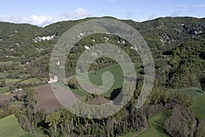 Borghetto di Borbera Pemonte Italy Village aerial View Panorama farmed fields