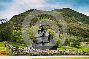 Borgund, Norway. Famous Landmark Stavkirke An Old Wooden Triple Nave Stave Church In Summer Day. Ancient Old Wooden