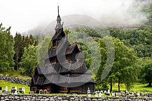 Borgund stave church stavkyrkje in Norway in cloudy weather