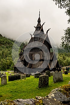 Borgund stave church stavkyrkje in Norway in cloudy weather