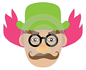 Boring clown with pink hair and green hat. Vector