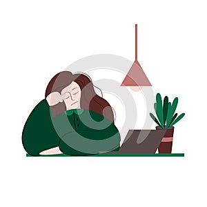 Boring meeting or lesson, tired or sad girl, woman is sitting at the computer with pot flower. Vector flat illustration.